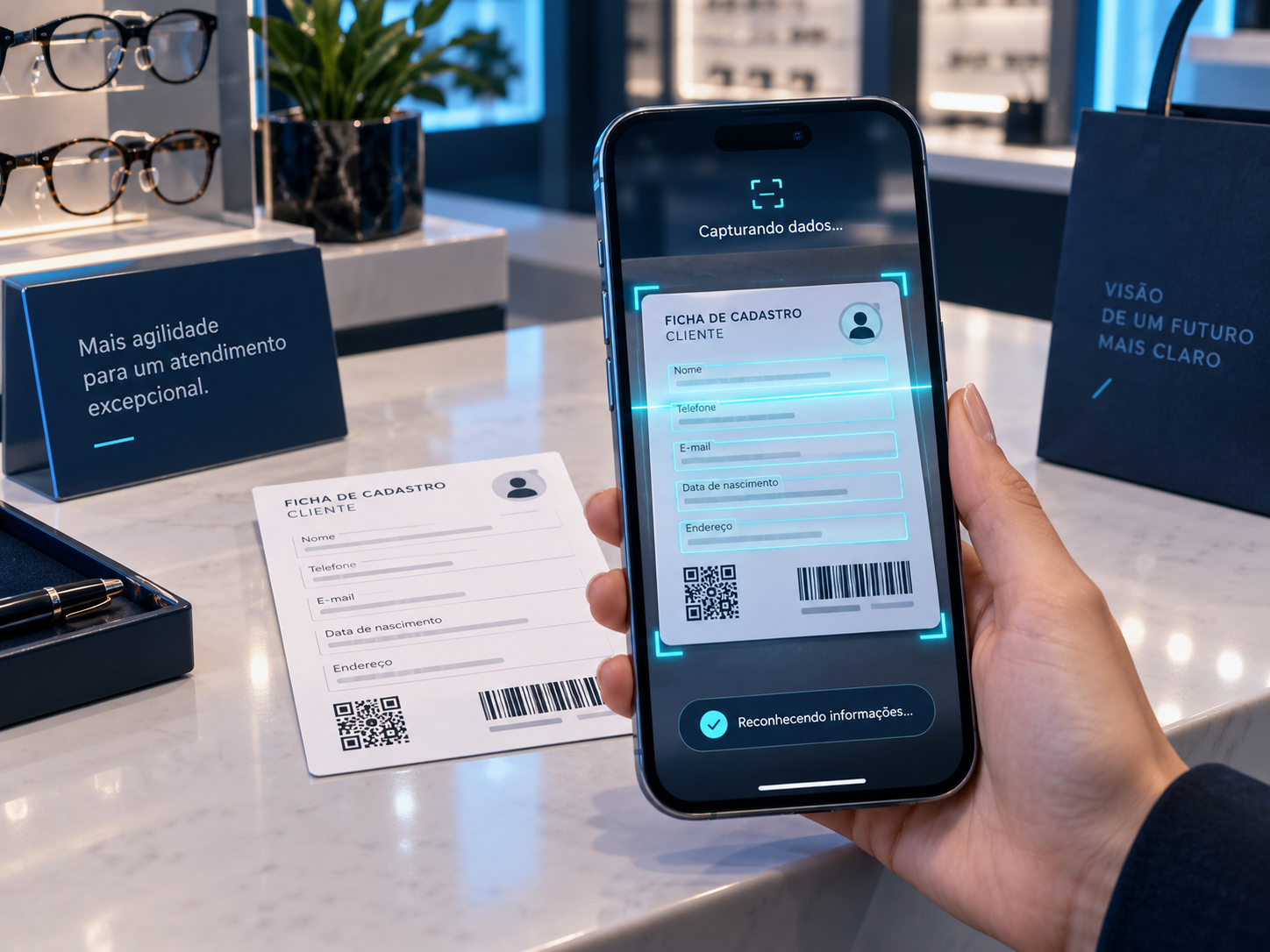 Celular realizando leitura OCR de uma ficha de cadastro com QR Code e código de barras